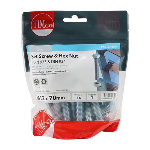 TIMCO Set Screws DIN933 Grade 8.8 & Hex Nut DIN934 Silver - M12 x 70