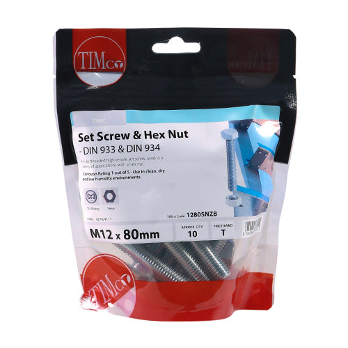 TIMCO Set Screws DIN933 Grade 8.8 & Hex Nut DIN934 Silver - M12 x 80