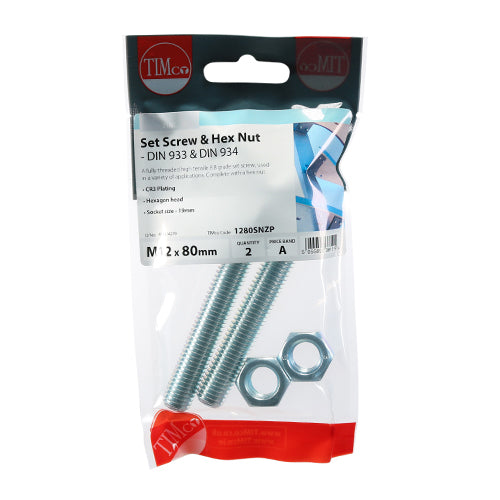 TIMCO Set Screws DIN933 Grade 8.8 & Hex Nut DIN934 Silver - M12 x 80
