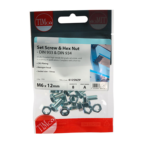 TIMCO Set Screws DIN933 Grade 8.8 & Hex Nut DIN934 Silver - M6 x 12