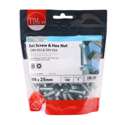 TIMCO Set Screws DIN933 Grade 8.8 & Hex Nut DIN934 Silver - M6 x 25