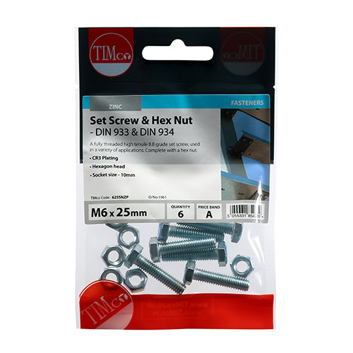 TIMCO Set Screws DIN933 Grade 8.8 & Hex Nut DIN934 Silver - M6 x 25