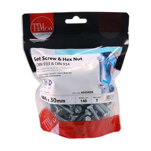 TIMCO Set Screws DIN933 Grade 8.8 & Hex Nut DIN934 Silver - M6 x 30