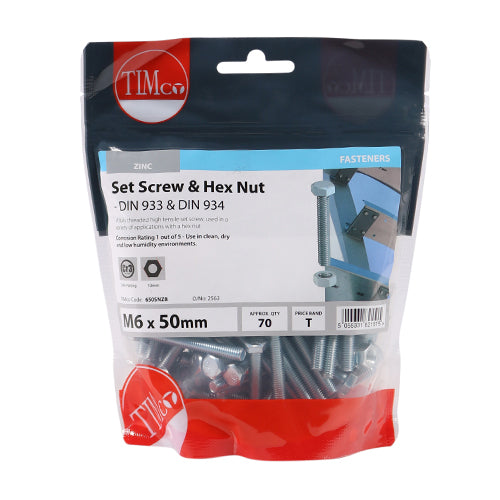 TIMCO Set Screws DIN933 Grade 8.8 & Hex Nut DIN934 Silver - M6 x 50