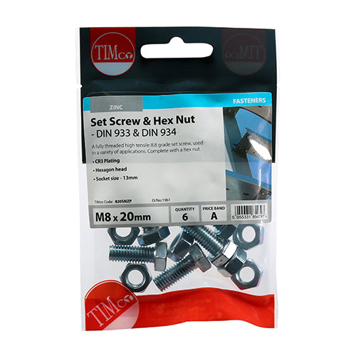 TIMCO Set Screws DIN933 Grade 8.8 & Hex Nut DIN934 Silver - M8 x 20