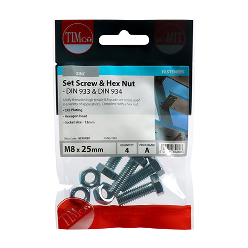 TIMCO Set Screws DIN933 Grade 8.8 & Hex Nut DIN934 Silver - M8 x 25