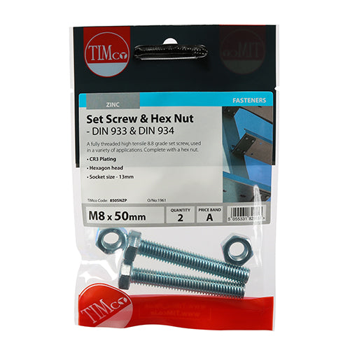 TIMCO Set Screws DIN933 Grade 8.8 & Hex Nut DIN934 Silver - M8 x 50