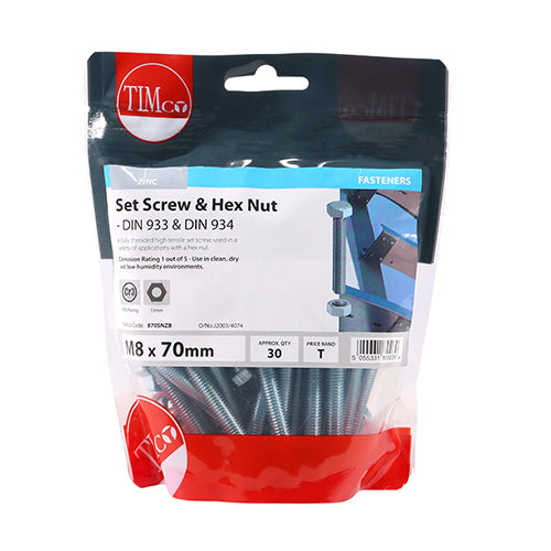 TIMCO Set Screws DIN933 Grade 8.8 & Hex Nut DIN934 Silver - M8 x 70