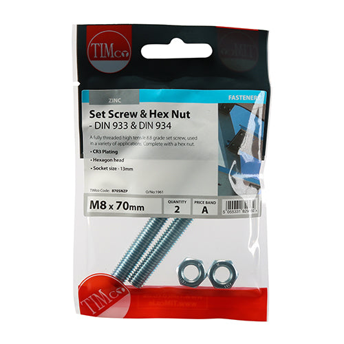 TIMCO Set Screws DIN933 Grade 8.8 & Hex Nut DIN934 Silver - M8 x 70