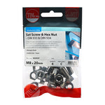 TIMCO Set Screws DIN933 Hex & Nut DIN934 Silver A2 Stainless Steel - M8 x 20
