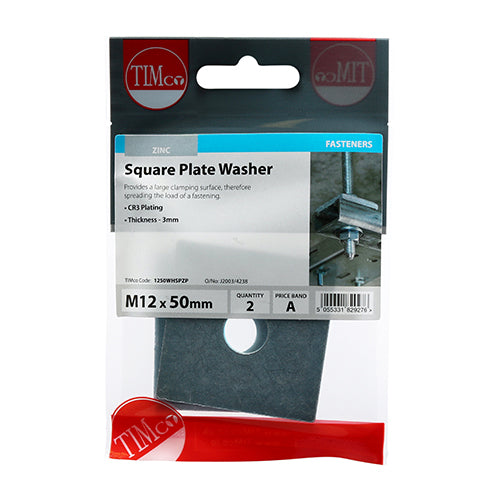 TIMCO Square Plate Washers Silver - M12 x 50 x 50 x 3