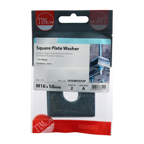 TIMCO Square Plate Washers Silver - M16 x 50 x 50 x 3