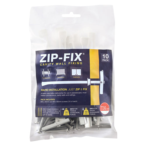 TIMCO Zip-Fix Heavy Duty Cavity Wall Anchors M6 designed for secure fixing in plasterboard, cavity walls, and hollow concrete blocks.