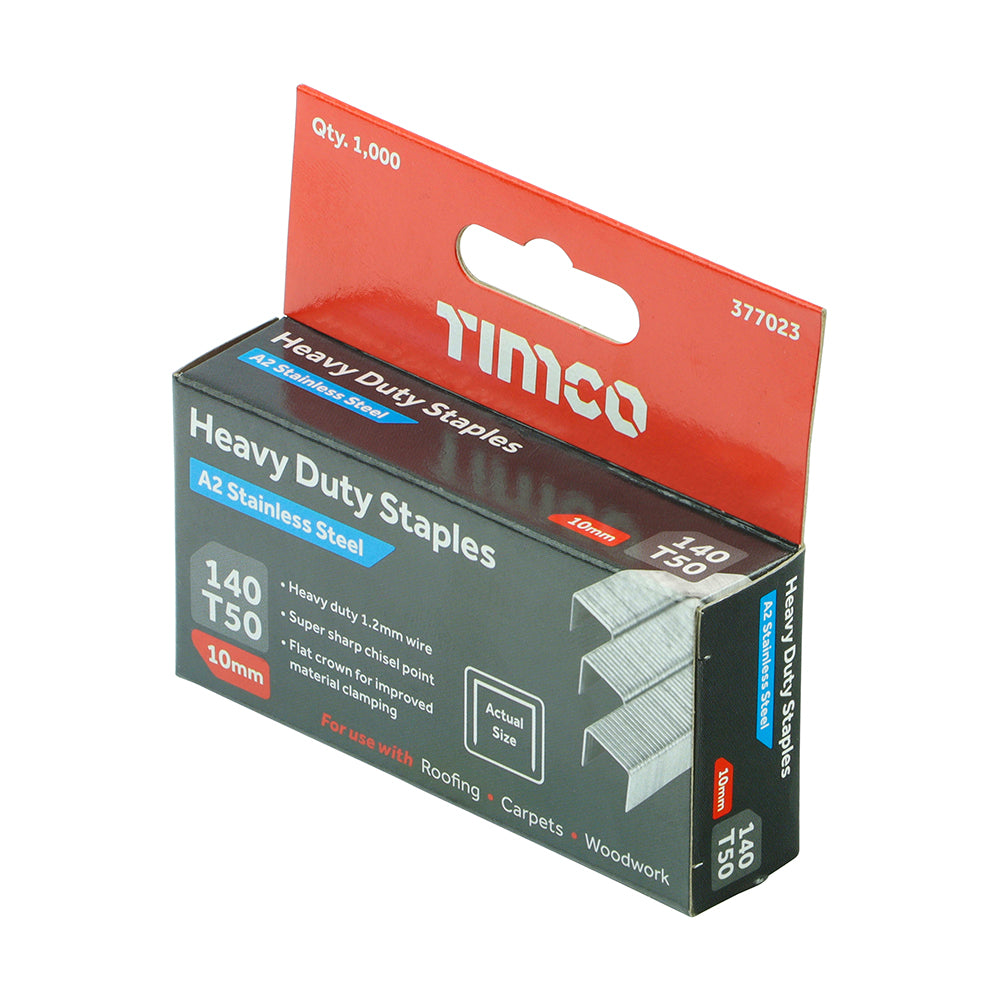 TIMCO Heavy Duty Chisel Point A2 Stainless Steel Staples 10mm designed for strong, corrosion-resistant fixing in multiple applications.