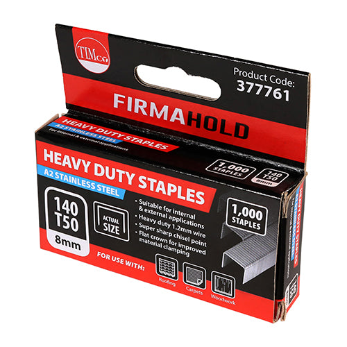TIMCO 12mm A2 Stainless Steel Heavy Duty Chisel Point Staples for strong, corrosion-resistant fixing in roofing and carpentry.