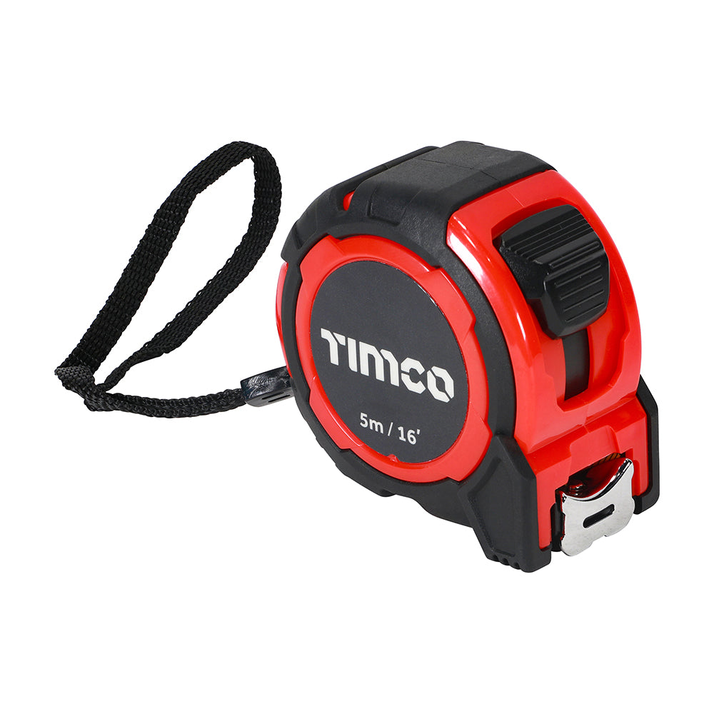 TIMCO Tape Measure 5m/16ft x 25mm with locking button, belt clip, and nylon coated blade for precision measuring.