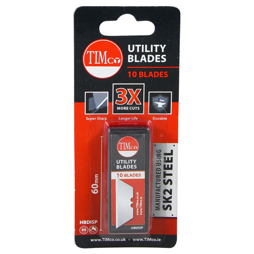 TIMCO Utility Knife Blade 60x19x0.6 SK2 steel blade designed for precise cutting of carpet, plastic, wood, and general materials.