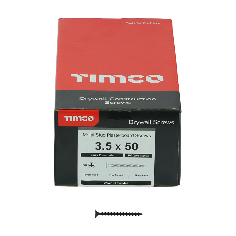 TIMCO Drywall Fine Thread Bugle Head Black Screws 3.5x50 ideal for securing plasterboard to wall and ceiling track systems.
