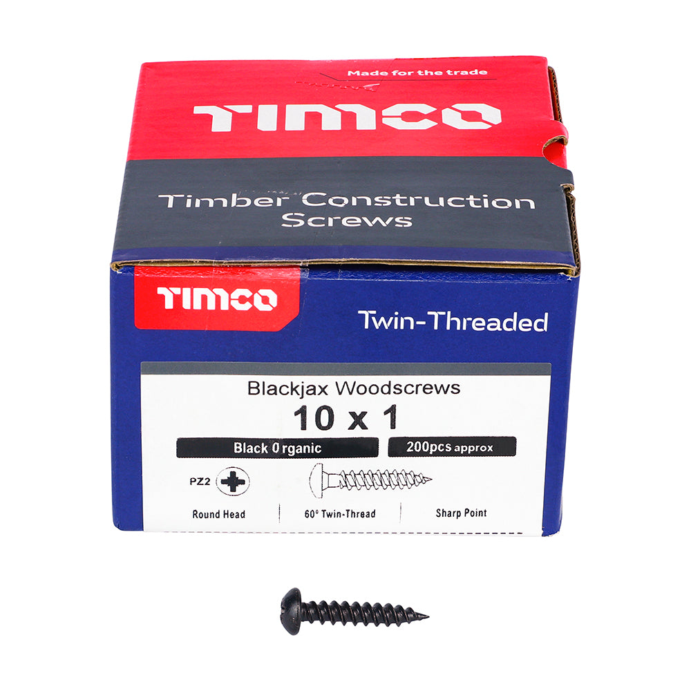 TIMCO Twin-Threaded Round Head Black Woodscrews 10x1 designed for timber fixing and use with black ironmongery fittings.