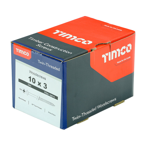 TIMCO Twin-Threaded Round Head Silver Woodscrews - 10 x 3