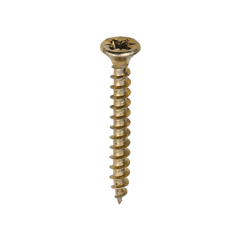 Gold countersunk single thread woodscrews 3.5 x 30 designed for fixing timber, boards, or masonry securely and efficiently.