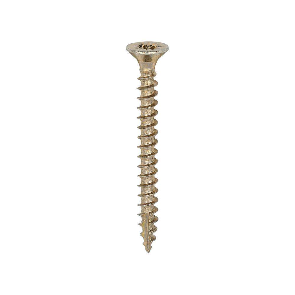 Gold multi-purpose countersunk woodscrews designed for strong, reliable fixing in hardwood, MDF, plastic, and thin metal.