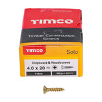 TIMCO Solo Countersunk Gold Woodscrews 4.0x20 designed for secure fixing in timber, man-made boards, or masonry with plugs.