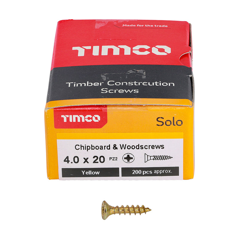 TIMCO Solo Countersunk Gold Woodscrews 4.0x20 designed for secure fixing in timber, man-made boards, or masonry with plugs.
