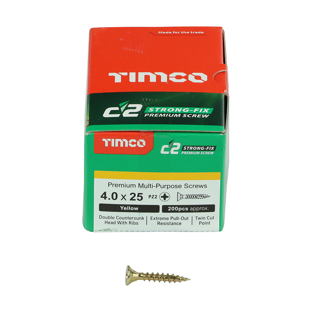 TIMCO C2 Strong-Fix Multi-Purpose Countersunk Gold Woodscrews 4.0x25 designed for secure, high-strength fixing in demanding applications.