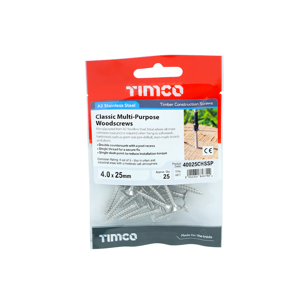 TIMCO Classic Multi-Purpose Countersunk A2 Stainless Steel Woodcrews - 4.0 x 25