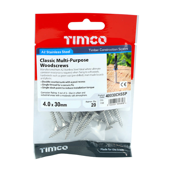 TIMCO Classic Multi-Purpose Countersunk A2 Stainless Steel Woodcrews - 4.0 x 30