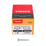 TIMCO Solo Countersunk Silver Woodscrews 4.0x30 designed for fixing timber, man-made boards, or masonry using plastic plugs.