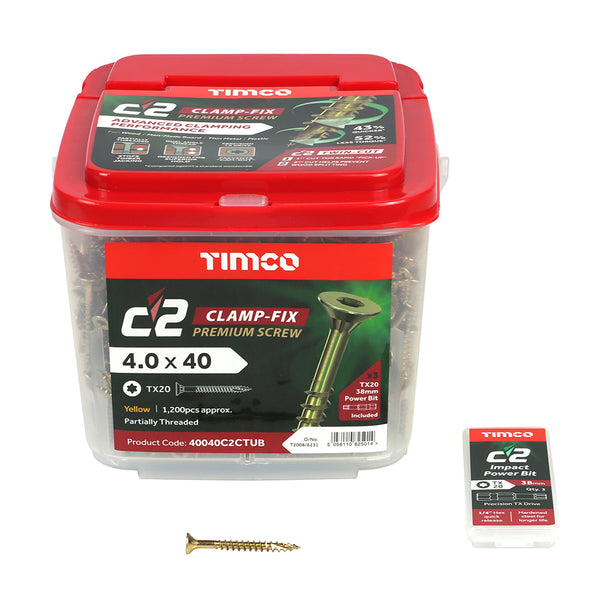 TIMCO C2 Clamp-Fix Multi-Purpose Premium Countersunk Gold Woodscrews - 4.0 x 40