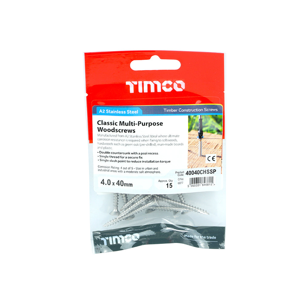 TIMCO Classic Multi-Purpose Countersunk A2 Stainless Steel Woodcrews - 4.0 x 40