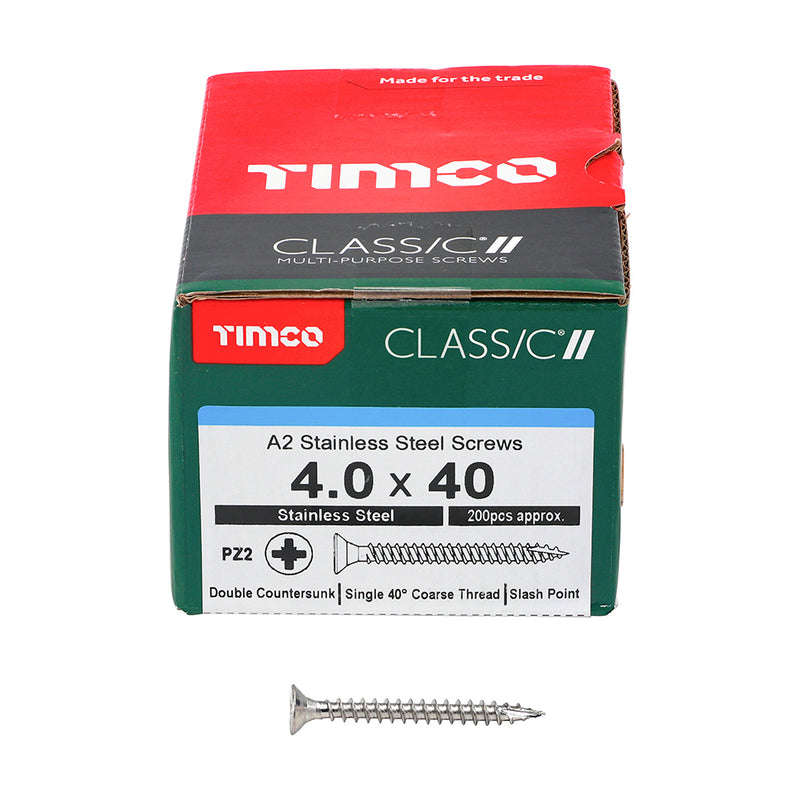TIMCO Classic Multi-Purpose Countersunk A2 Stainless Steel Woodcrews - 4.0 x 40