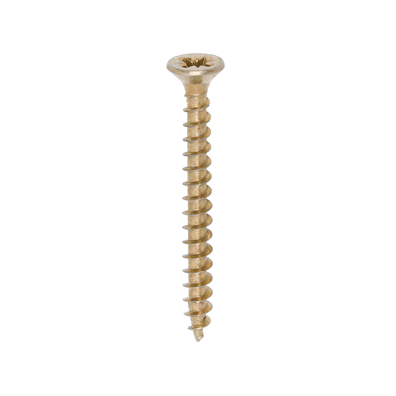 TIMCO Solo Countersunk Gold Woodscrews 4.0x40 designed for fixing timber, boards, or masonry when used with plastic plugs.