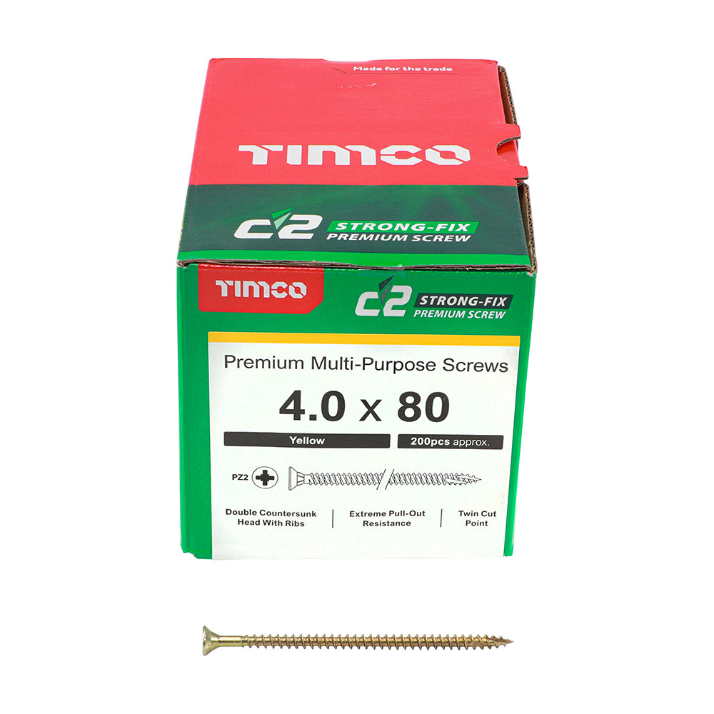 TIMCO C2 Strong-Fix Multi-Purpose Countersunk Gold Woodscrews 4.0x80 designed for secure, high-strength fixing in demanding applications.