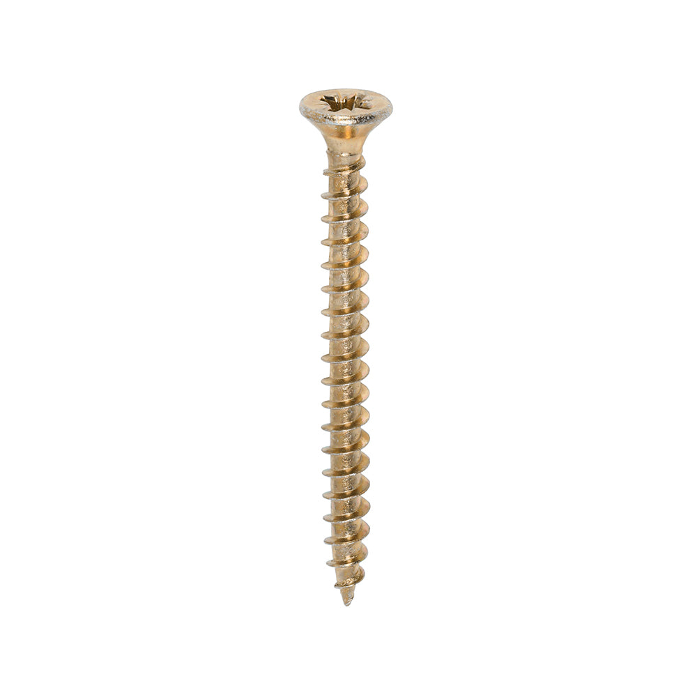 TIMCO Solo Countersunk Gold Woodscrews 4.5x50 designed for secure fixing in timber, man-made boards, or masonry with plastic plugs.