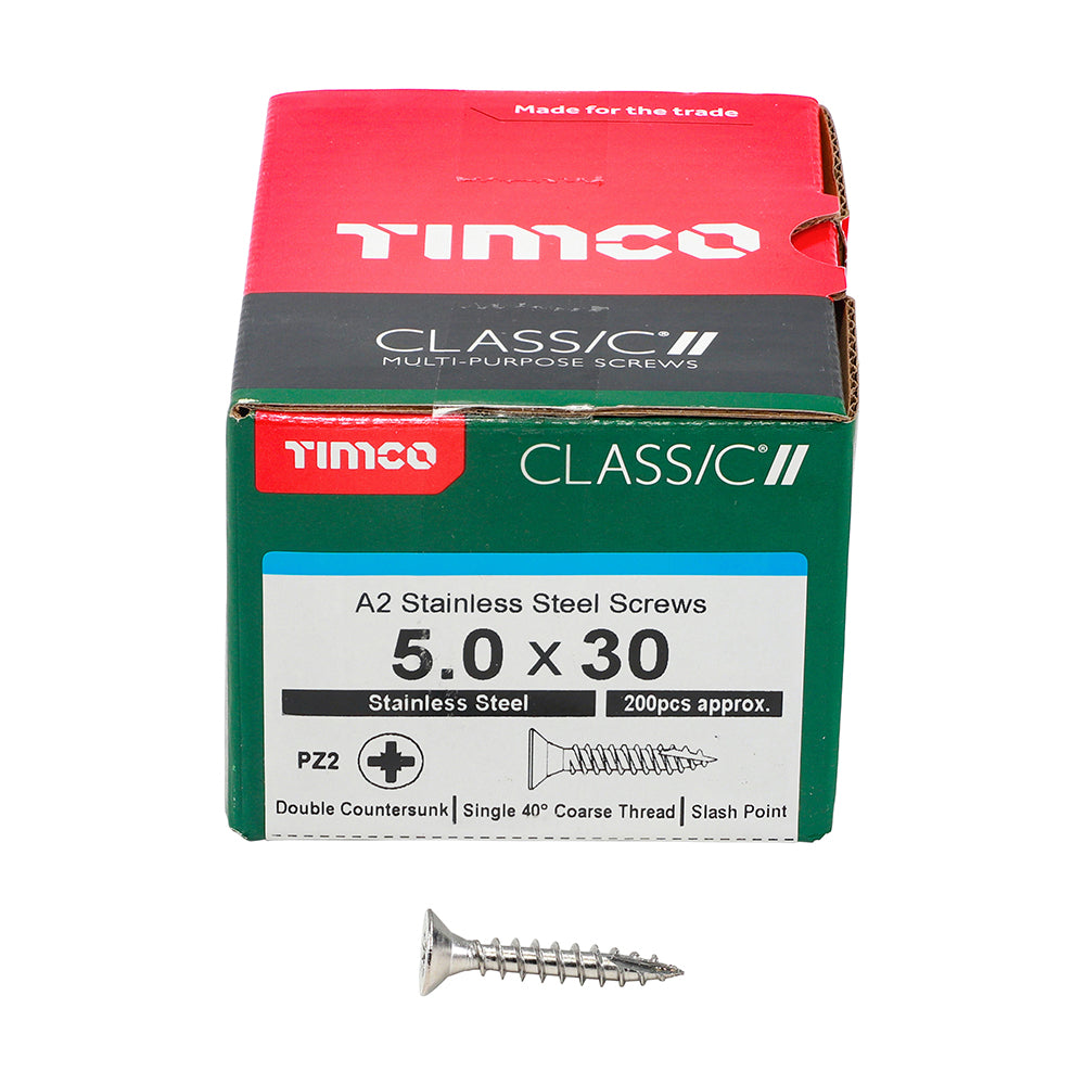 TIMCO Classic Multi-Purpose Countersunk A2 Stainless Steel Woodcrews - 5.0 x 30