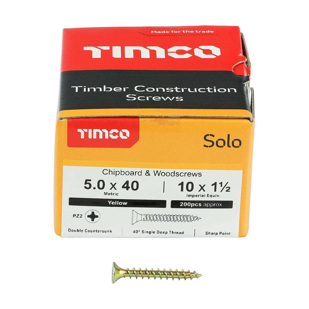 TIMCO Solo Countersunk Gold Woodscrews 5.0x40 designed for fixing timber, man-made boards, or masonry using plastic plugs.