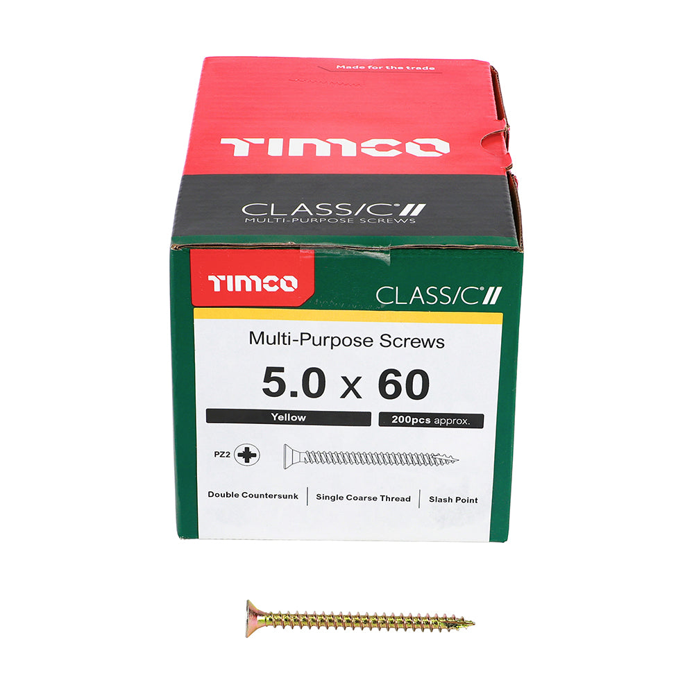 TIMCO Classic Multi-Purpose Countersunk Gold Woodscrews 5.0x60 ideal for hardwood, MDF, chipboard, and plastic fixing applications.