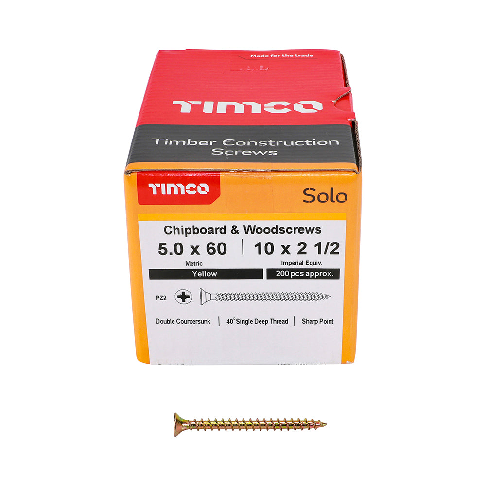 TIMCO Solo Countersunk Gold Woodscrews 5.0x60 designed for fixing timber, man-made boards, or masonry using plastic plugs.