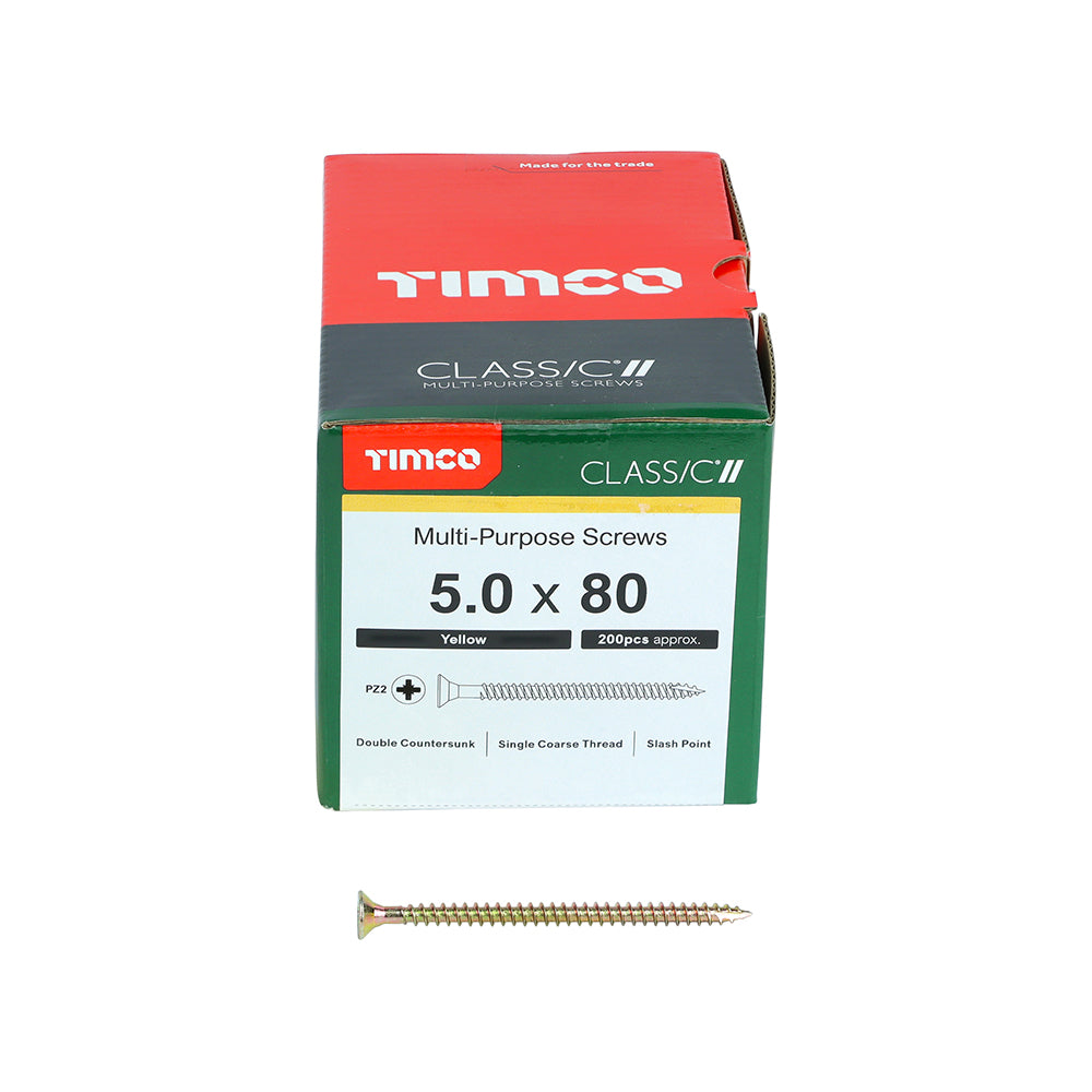 TIMCO Classic Multi-Purpose Countersunk Gold Woodscrews 5.0x80 ideal for hardwood, MDF, chipboard, plastic, and light metal fixing.