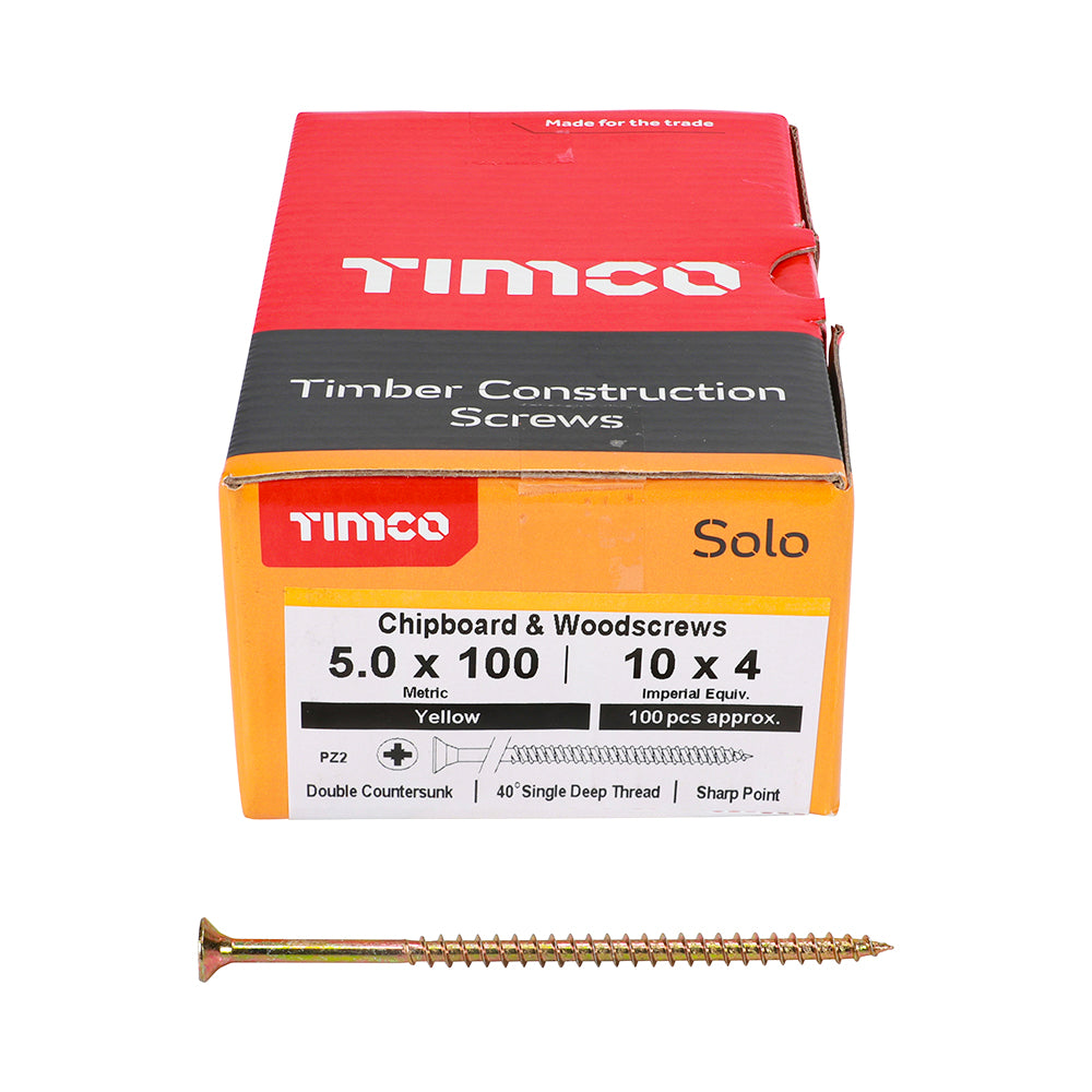 TIMCO Solo Countersunk Gold Woodscrews 5.0x100 designed for secure fixing in timber, boards, or masonry using plastic plugs.