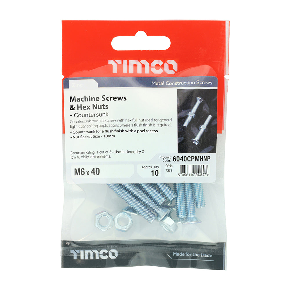 TIMCO Machine Countersunk Screws & Hex Nut Silver - M6 x 40