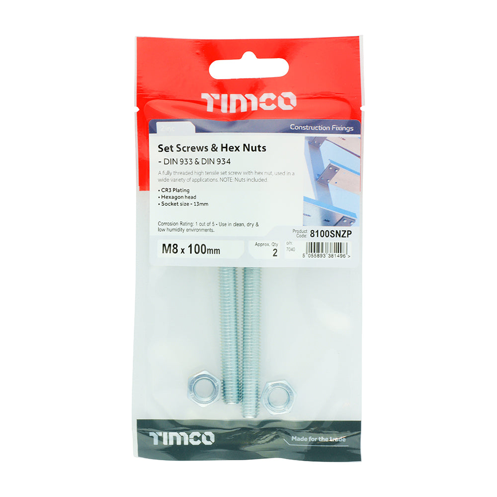 TIMCO Set Screws DIN933 Grade 8.8 & Hex Nut DIN934 Silver - M8 x 100