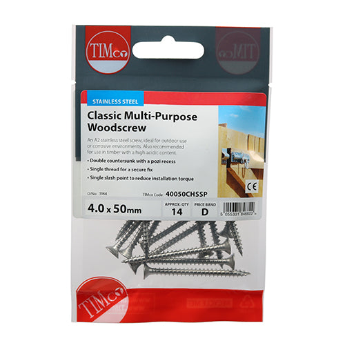 TIMCO Classic Multi-Purpose Countersunk A2 Stainless Steel Woodcrews - 4.0 x 50