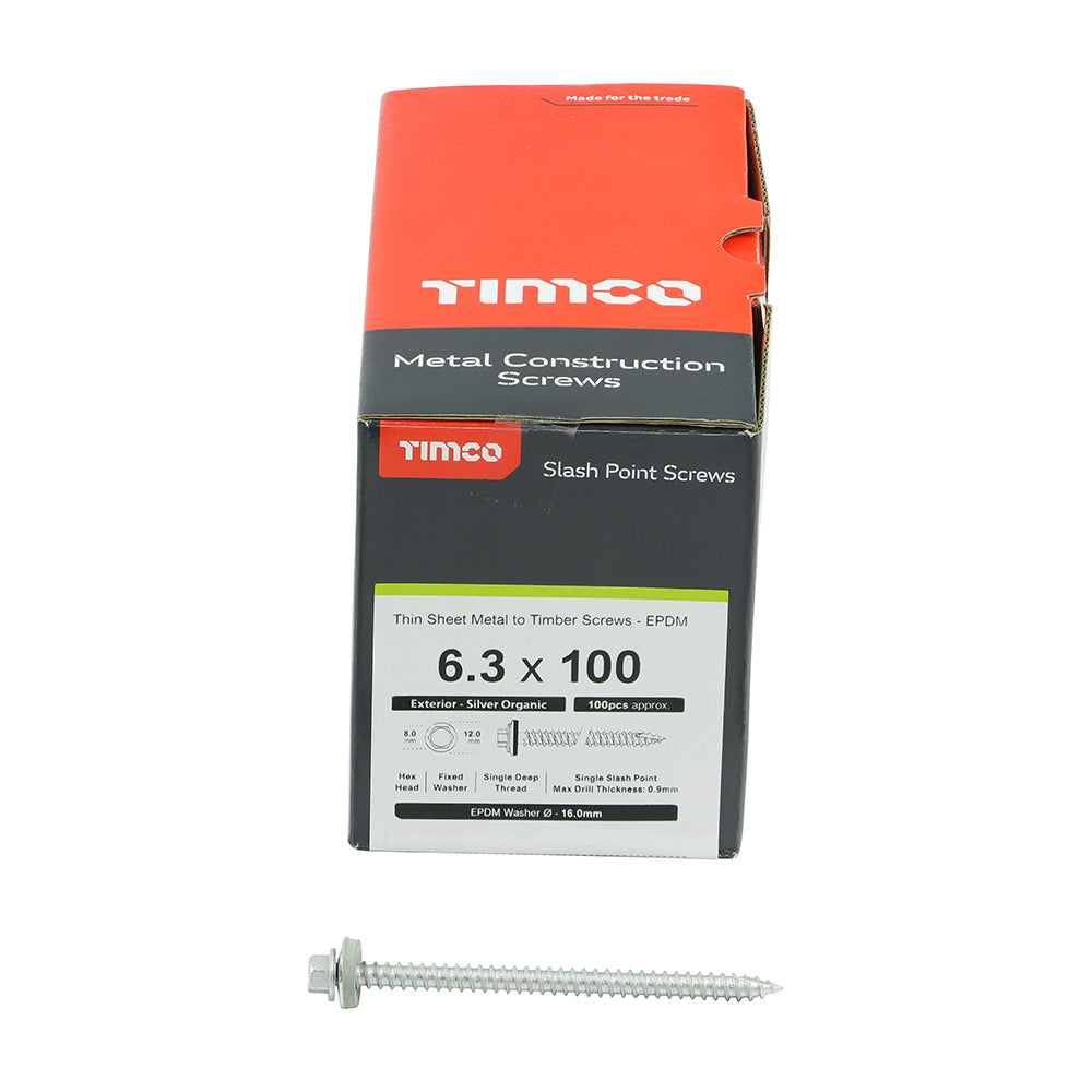 TIMCO Slash Point Sheet Metal to Timber Screws Exterior Silver with EPDM Washer - 6.3 x 100