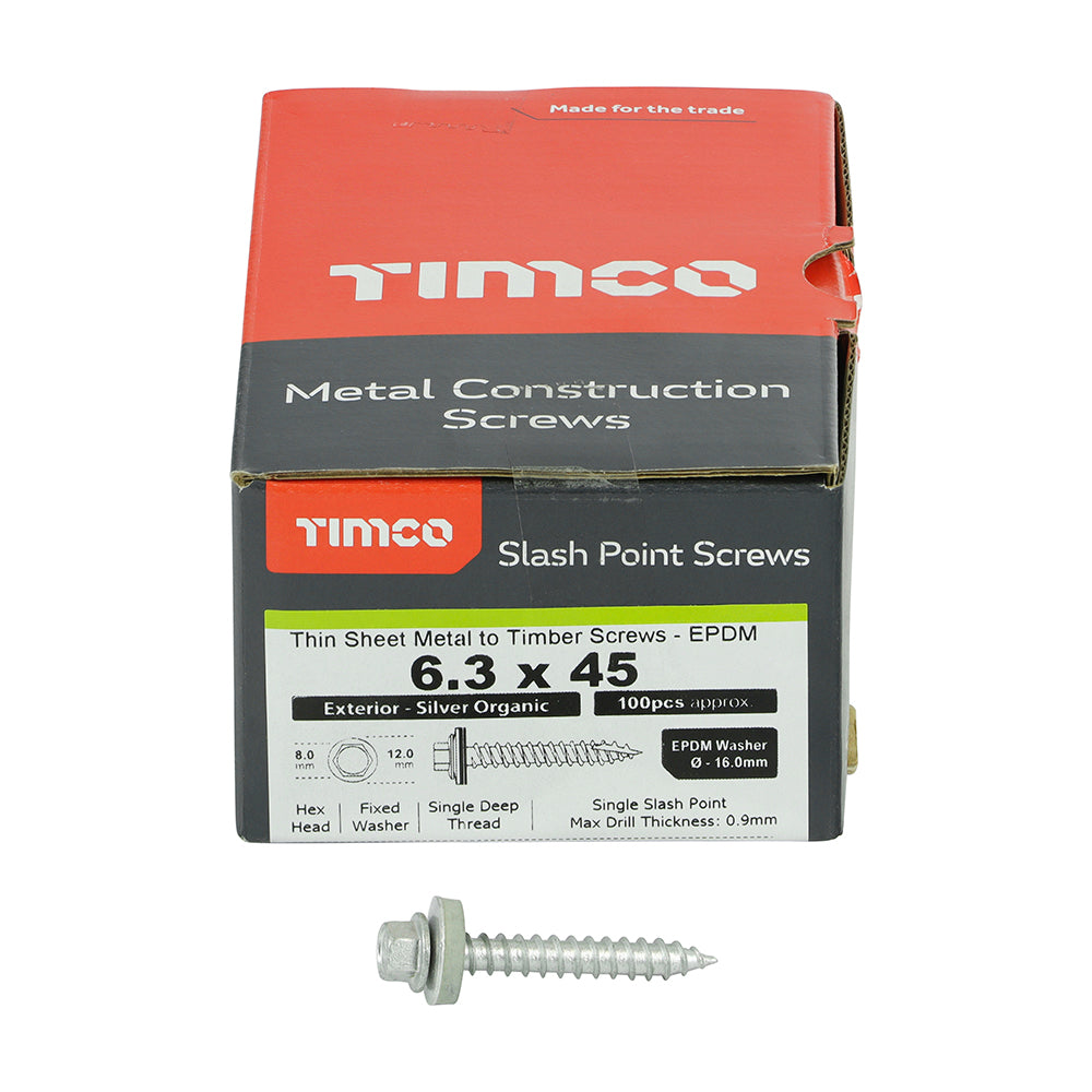 TIMCO Slash Point Sheet Metal to Timber Screws Exterior Silver with EPDM Washer - 6.3 x 45