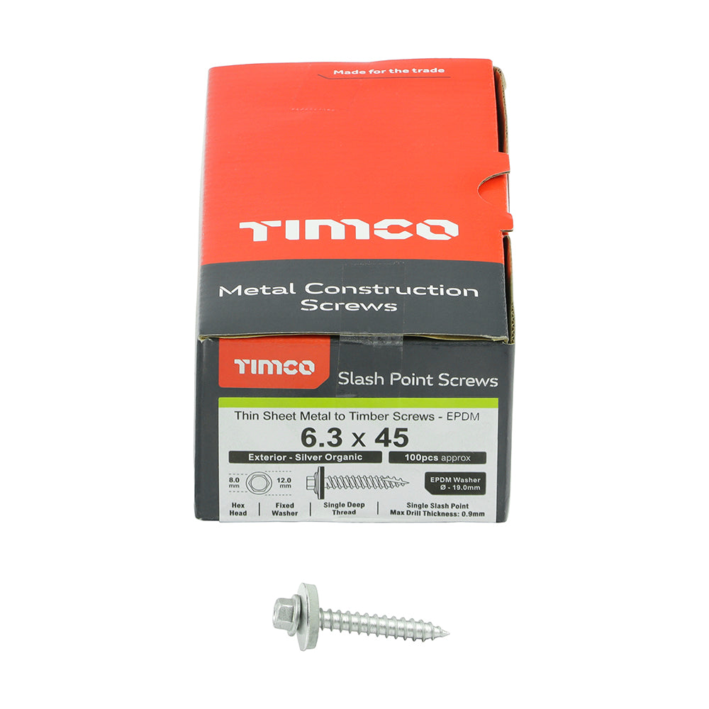 TIMCO Slash Point Sheet Metal to Timber Screws Exterior Silver with EPDM Washer - 6.3 x 45